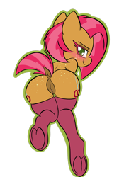 Size: 1668x2388 | Tagged: explicit, artist:steelsoul, babs seed, anthro, banned from derpibooru, blushing, both cutie marks, buns seed, butt, clothes, female, imported from twibooru, lolicon, looking at you, looking back, plot, simple background, socks, transparent background, underage