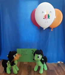 Size: 2107x2448 | Tagged: safe, oc, oc:filly anon, balloon, female, filly, foal, imported from derpibooru, irl, oc only, photo, plushie, slur, vulgar