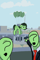 Size: 2400x3600 | Tagged: safe, oc, oc:anon, oc:filly anon, balloon, city, clothes, female, filly, floating, foal, freeway, harmonycon, human, imported from derpibooru, meme, oc only, outdoors, pointing, pony, soyjaks pointing, suit