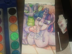 Size: 1280x960 | Tagged: explicit, artist:buttercupsaiyan, spike, twilight sparkle, after blowjob, age difference, bedroom eyes, blowjob, cotton swab, cum, cum in mouth, cum on hooves, dragon, duo, duo male and female, erection, fangs, female, foalcon, g4, genitals, hand on penis, hemipenis, holding penis, horn, horn grab, imported from derpibooru, lying down, male, mare, multidick, nudity, open mouth, open smile, oral, penis, pony, prone, pseudoincest, sex, ship:twispike, shipping, smiling, source needed, straight, tongue out, traditional art, unicorn, unicorn twilight, watercolor painting, wingless spike