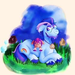 Size: 2048x2048 | Tagged: safe, artist:unfandekirby, argyle starshine, cute, duo, earth pony, father, father and child, father and daughter, female, filly, filly sunny starscout, foal, g5, imported from derpibooru, male, mare, night, outdoors, pony, sleeping, stallion, sunny starscout, younger