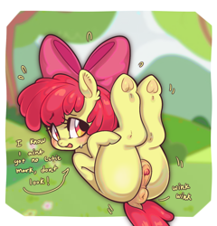 Size: 1435x1495 | Tagged: explicit, artist:mrclopns, apple bloom, anatomically correct, anus, apple bloom's bow, blank flank, bloom butt, blurry background, blushing, bow, butt, clitoris, dock, earth pony, emanata, female, filly, flower, foal, foalcon, frog (hoof), g4, genitals, grass, hair bow, hill, imported from derpibooru, looking at you, lying down, motion lines, nudity, on back, onomatopoeia, open mouth, outdoors, passepartout, pink bow, plewds, ponut, pony, sky, solo, solo female, speech bubble, sweat, sweatdrop, tail, text, tree, underhoof, vulva, vulvar winking