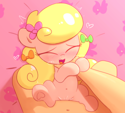 Size: 1050x950 | Tagged: explicit, artist:algoatall, oc, oc:swelly swirl, bed, belly, belly button, blushing, bow, choking, crotchboobs, cute, cute porn, earth pony, eyes closed, female, female focus, filly, foal, foalcon, happy sex, human, human male, human male on filly, human on pony action, imported from derpibooru, interspecies, lying down, male, nipples, nudity, oc only, offscreen character, on back, panting, penetration, pony, pov, sex, solo focus, straight, teats, underage, vaginal
