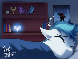 Size: 2450x1871 | Tagged: safe, artist:maxi_ponie, oc, oc:valour spearhead, comic:choose your destiny, bed, bedroom, book, bookshelf, colt, crystal heart, eyes closed, floppy ears, foal, g5, hatsune miku, high res, imported from derpibooru, in bed, indoors, male, marvel, miles morales, oc only, offspring, onomatopoeia, parent:hitch trailblazer, parent:zipp storm, parents:stormblazer, pegasus, pipp petals, pony, poster, sleeping, smiling, solo, sound effects, spider-man, toy, trophy, vocaloid, zzz