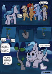 Size: 1240x1754 | Tagged: safe, artist:maxi_ponie, oc, oc:bright juice, oc:cloud rain, oc:harmony (maxi_ponie), oc:twinkle star (maxi_ponie), oc:valour spearhead, comic:choose your destiny, butt, colored wings, colored wingtips, colt, comic, crystal heart, dialogue, earth pony, eyebrows, eyebrows visible through hair, female, filly, foal, g5, group, horn, imported from derpibooru, lying down, male, night, oc only, offspring, outdoors, parent:hitch trailblazer, parent:zipp storm, parents:stormblazer, pegasus, plant, plot, pony, prone, quintet, speech bubble, stars, trowel, unicorn, wings
