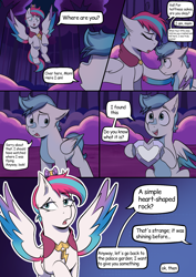 Size: 1240x1754 | Tagged: safe, artist:maxi_ponie, oc, oc:valour spearhead, comic:choose your destiny, alternate hairstyle, colored wings, colored wingtips, colt, comic, crystal heart, dialogue, duo, duo male and female, eyebrows, eyebrows visible through hair, female, flying, foal, forest, g5, hoof hold, imported from derpibooru, jewelry, male, mare, mother and child, mother and son, nature, oc only, offspring, older, older zipp storm, outdoors, parent:hitch trailblazer, parent:zipp storm, parents:stormblazer, pegasus, pony, queen zipp storm, regalia, speech bubble, spread wings, tree, wings, zipp storm