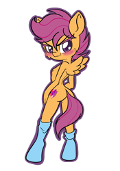 Size: 1668x2388 | Tagged: explicit, artist:steelsoul, scootaloo, anthro, banned from derpibooru, blushing, butt, clothes, female, imported from twibooru, lolicon, looking at you, looking back, pegasus, plot, scootabutt, simple background, socks, solo, solo female, underage, unguligrade anthro, white background