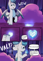 Size: 1240x1754 | Tagged: safe, artist:maxi_ponie, oc, oc:valour spearhead, comic:choose your destiny, colored wings, colored wingtips, colt, comic, crystal heart, dialogue, foal, forest, g5, hoof hold, implied zipp storm, imported from derpibooru, male, nature, oc only, offscreen character, offspring, outdoors, parent:hitch trailblazer, parent:zipp storm, parents:stormblazer, partially open wings, pegasus, pony, solo, speech bubble, tree, wings