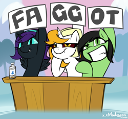 Size: 1810x1686 | Tagged: safe, artist:madragon, oc, oc:dyx, oc:filly anon, oc:nyx, alicorn, faggot, fangs, female, filly, foal, grin, imported from derpibooru, meme, oc only, outdoors, pony, raised hoof, reference, sign, slur, smiling, vulgar, water bottle