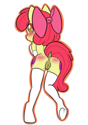 Size: 1668x2388 | Tagged: explicit, artist:steelsoul, apple bloom, anthro, anus, banned from derpibooru, bloom butt, butt, butt freckles, clothes, dark genitals, earth pony, female, freckles, from behind, imported from twibooru, lolicon, looking at you, nudity, presenting, simple background, socks, solo, solo female, transparent background, underage, underhoof, unguligrade anthro, vulva