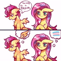 Size: 2048x2048 | Tagged: safe, artist:tkotu434, fluttershy, scootaloo, chest fluff, comic, dialogue, duo, female, filly, foal, g4, implied transgender, imported from derpibooru, mare, meme, pegasus, pony, pride, pride flag, scootaloo can't fly, speech bubble, this body is a prison, thought bubble, transgender pride flag