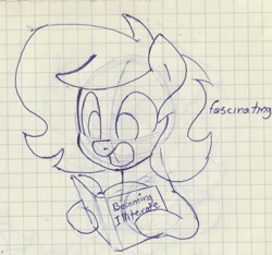 Size: 1126x1052 | Tagged: safe, artist:unitxxvii, oc, oc:filly anon, book, dialogue, earth pony, female, filly, foal, graph paper, imported from derpibooru, monochrome, oc only, open mouth, pen drawing, pony, solo, traditional art