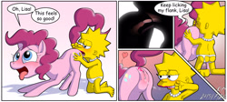 Size: 3232x1454 | Tagged: explicit, artist:kitsoone, pinkie pie, analingus, banned from derpibooru, crossover, crossover shipping, earth pony, female, fetish, human, human on pony action, imported from twibooru, interspecies, lesbian, lipstick, lipstick fetish, lisa simpson, lolicon, oral, pony, sex, shipping, sofurry cub purge, the simpsons, this is why aliens won't talk to us, underage, wtf