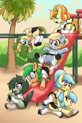 Size: 2212x3307 | Tagged: explicit, artist:kurozu, oc, oc:fair flyer, oc:fun raiser, oc:matinee, oc:morning mimosa, oc:murky marsh, oc:soiree, oc:sunny sabal, alternate hairstyle, alternate version, anus, armpits, bandage, biting, blushing, book, bottomless, braid, braided ponytail, bush, butt, casual nudity, clitoris, clothes, cloud, convention, crotchboobs, delicious flat crotch, dock, ear bite, earth pony, eye clipping through hair, female, females only, filly, florida, florida foalcon, foal, foalcon, freckles, frog (hoof), genitals, glasses, hairband, hairclip, imported from derpibooru, incest, legwear, mare fair, mary janes, nipples, no panties, nudity, oc only, outdoors, palm tree, partial nudity, pegasus, pigtails, playground, plot, ponut, pony, ponytail, raised tail, reading, ribbon, school uniform, shirt, shoes, siblings, sisters, skirt, slide, smiling, stockings, straddling, tail, tail aside, teats, tree, twincest, twins, two toned hair, underhoof, uniform, upskirt, vulva, younger
