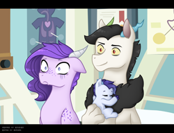 Size: 1300x1000 | Tagged: safe, artist:kianamai, artist:soulnik, colorist:soulnik, oc, oc:crystal clarity, oc:identity, oc:prince illusion, 2015, background used, colored, doctor's office, dracony, dragon, eyes closed, family, father and child, father and daughter, female, filly, floppy ears, foal, frown, high res, hybrid, imported from derpibooru, indoors, interspecies offspring, kilalaverse, male, next generation, oc only, oc x oc, offspring, offspring shipping, offspring's offspring, old art, parent:discord, parent:oc:crystal clarity, parent:oc:prince illusion, parent:princess celestia, parent:rarity, parent:spike, parents:dislestia, parents:oc x oc, parents:sparity, scared, shipping, sleeping, straight, text, trio