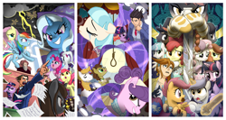 Size: 1024x544 | Tagged: safe, artist:korykayo, apple bloom, diamond tiara, fluttershy, pinkie pie, rainbow dash, rarity, scootaloo, silver spoon, sweetie belle, twilight sparkle, oc, oc:fair devotion, oc:lawkeeper equity, oc:sonata, oc:sugar stamp, oc:turning page, ace attorney, alicorn, apollo justice, coco pommel, colt, crossover, crying, cutie mark crusaders, deviantart watermark, earth pony, elements of justice, female, filly, foal, g4, glowing, glowing horn, grin, horn, human, imported from derpibooru, judge, levitation, lightning, magic, male, mare, noose, objection, obtrusive watermark, pegasus, phoenix wright, pointing, pony, prince blueblood, royal guard, smiling, spoiled rich, stallion, sword, telekinesis, trixie, turnabout storm, unicorn, watermark, weapon, wooden sword