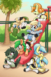 Size: 2212x3307 | Tagged: suggestive, artist:kurozu, oc, oc:fair flyer, oc:fun raiser, oc:matinee, oc:morning mimosa, oc:murky marsh, oc:soiree, oc:sunny sabal, alternate hairstyle, armpits, bandage, biting, blue panties, blushing, book, braid, braided ponytail, bush, butt, clothes, cloud, convention, dock, ear bite, earth pony, eye clipping through hair, female, filly, florida, florida foalcon, foal, foalcon, freckles, frog (hoof), glasses, hairband, hairclip, heart, heart print underwear, imported from derpibooru, legwear, mare fair, mary janes, oc only, orange panties, outdoors, palm tree, panties, pegasus, pigtails, pink panties, playground, plot, pony, ponytail, raised tail, reading, red panties, ribbon, school uniform, shirt, shoes, siblings, sisters, skirt, slide, smiling, stockings, straddling, striped panties, striped underwear, tail, tail aside, tail upskirt, tree, twins, two toned hair, underhoof, underwear, uniform, upskirt, white panties, white underwear, younger