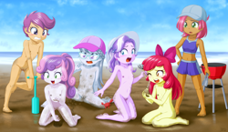 Size: 1920x1117 | Tagged: explicit, artist:uotapo, apple bloom, babs seed, diamond tiara, scootaloo, silver spoon, sweetie belle, banned from derpibooru, beach, crab, cutie mark crusaders, equestria girls, equestria girls-ified, female, grill, imported from twibooru, lolicon, source needed, underage