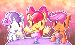 Size: 2556x1558 | Tagged: safe, artist:bommitball, apple bloom, scootaloo, sweetie belle, :d, abstract background, beady eyes, bow, cup, cutie mark crusaders, drink, earth pony, female, filly, foal, g4, hair bow, holding, horn, imported from derpibooru, looking at you, milkshake, my little pony: friendship is magic, no pupils, one bad apple, open mouth, open smile, outline, pegasus, pony, scene interpretation, sipping, smiling, spread hooves, straw in mouth, table, trio, trio female, unicorn, upper body, white bow, white outline