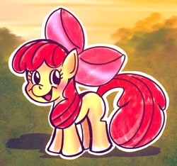 Size: 2441x2284 | Tagged: safe, artist:bommitball, apple bloom, :d, apple bloom's bow, blurry background, blushing, bow, earth pony, female, filly, foal, full body, g4, grass, hair bow, imported from derpibooru, looking at you, no pupils, open mouth, open smile, outdoors, outline, pink bow, pony, shadow, sky, smiling, solo, standing, white outline