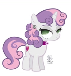 Size: 1080x1154 | Tagged: safe, artist:cmiscalc, sweetie belle, 2025, alternate hairstyle, bell, choker, colored pupils, eyelashes, female, filly, foal, g4, horn, imported from derpibooru, lidded eyes, pony, redesign, signature, simple background, solo, unicorn, white background
