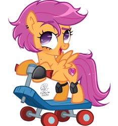 Size: 1080x1154 | Tagged: safe, artist:cmiscalc, scootaloo, 2025, alternate hairstyle, blushing, colored pupils, ear piercing, eyebrows, eyebrows visible through hair, eyelashes, female, filly, foal, g4, imported from derpibooru, knee pads, open mouth, open smile, pegasus, piercing, pony, raised eyebrow, redesign, scootaloo's scooter, scooter, signature, simple background, smiling, solo, white background