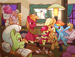Size: 1840x1380 | Tagged: safe, artist:muchen_chen_, apple bloom, applejack, rainbow dash, ;d, apple, apple family, ball, big macintosh, book, bright mac, bust, carpet, couch, cowboy hat, curtains, dog, door, earth pony, female, filly, foal, food, freckles, g4, ghost, granny smith, hat, heart, hug, imported from derpibooru, indoors, lamp, lesbian, lesbian in front of boys, male, mare, night, one eye closed, open mouth, open smile, partially open wings, pear butter, pegasus, pillow, pillow hug, pony, portrait, ship:appledash, shipping, sitting, smiling, stallion, sweet apple acres, undead, unshorn fetlocks, window, wings, winona, wooden floor, yoke