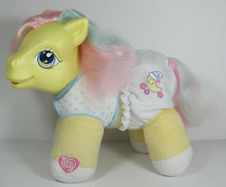Size: 725x600 | Tagged: safe, photographer:breyer600, baby, baby pony, bright night (g3), brush, clothes, cute, diabrightes, diaper, electronic toy, female, filly, foal, g3, heart, hoof heart, imported from derpibooru, irl, photo, pony, shirt, smiling, so soft, solo, toenails, toy, underhoof