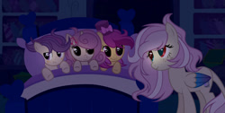 Size: 1280x644 | Tagged: safe, artist:diskashine, oc, oc:bright apple, oc:fluttershadow, oc:spark lightning, oc:sweet music, colt, earth pony, female, filly, foal, horn, hybrid, imported from derpibooru, indoors, interspecies offspring, male, mare, offspring, parent:apple bloom, parent:button mash, parent:discord, parent:fluttershy, parent:rumble, parent:scootaloo, parent:sweetie belle, parent:tender taps, parents:discoshy, parents:rumbloo, parents:sweetiemash, parents:tenderbloom, pegasus, pony, unicorn