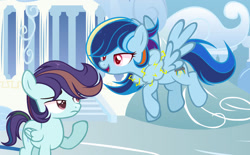 Size: 1280x793 | Tagged: safe, artist:diskashine, oc, colt, female, foal, imported from derpibooru, male, mare, offspring, outdoors, parent:rainbow dash, parent:soarin', parents:soarindash, pegasus, pony, siblings
