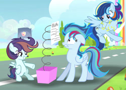 Size: 1280x917 | Tagged: safe, artist:diskashine, oc, oc:convective flight, oc:meteor thundercloud, oc:rainbow thunderbolt, colt, female, foal, imported from derpibooru, male, mare, offspring, outdoors, parent:rainbow dash, parent:soarin', parents:soarindash, pegasus, pony, siblings