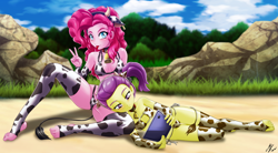Size: 3116x1723 | Tagged: suggestive, artist:mauroz, pinkie pie, banned from derpibooru, bikini, child, clothes, cow outfit, equestria girls, female, imported from twibooru, lily pad (equestria girls), lilypie, lolicon, panties, swimsuit, thong, underage, underwear, young