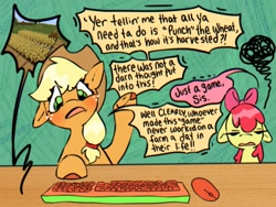 Size: 1600x1200 | Tagged: safe, artist:toastyghostea, apple bloom, applejack, annoyed, apple sisters, blushing, bow, cowboy hat, duo, duo female, earth pony, emanata, female, filly, floppy ears, foal, freckles, g4, hair bow, hat, imported from derpibooru, keyboard, mare, minecraft, mouse, one ear down, pink bow, pony, siblings, sisters, speech bubble, table, text, upper body, wooden table