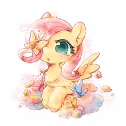 Size: 2048x2048 | Tagged: safe, artist:zhixidezhouxiansheng, fluttershy, blushing, butterfly, female, filly, foal, full body, g4, imported from derpibooru, lying down, parted lips, pegasus, pony, prone, simple background, solo, spread wings, unshorn fetlocks, white background, wings