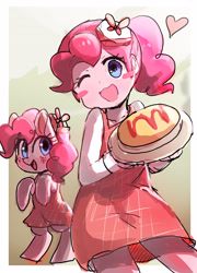 Size: 3109x4328 | Tagged: safe, artist:choyamy, pinkie pie, :d, ;d, bipedal, blush sticker, blushing, checkered dress, clothes, cowboy shot, dress, earth pony, equestria girls, female, filly, foal, g4, gradient background, hat, heart, holding, human, imported from derpibooru, long sleeves, looking at you, omurice, one eye closed, open mouth, open smile, passepartout, plate, pony, ponytail, red dress, self paradox, self ponidox, shirt, smiling, white hat, white shirt, wink, younger