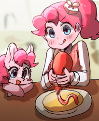 Size: 3109x3800 | Tagged: safe, artist:choyamy, pinkie pie, :d, blurry background, blush sticker, blushing, checkered dress, closed mouth, clothes, earth pony, equestria girls, female, filly, foal, food, g4, hat, holding, human, imported from derpibooru, ketchup, long sleeves, omurice, open mouth, open smile, plate, pony, pouch, red dress, sauce, self paradox, self ponidox, smiling, table, tongue out, white hat, white shirt