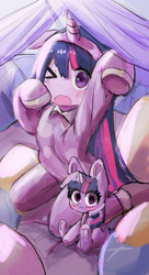 Size: 1466x2700 | Tagged: safe, artist:choyamy, twilight sparkle, animal costume, bed, blushing, bunny costume, clothes, costume, equestria girls, female, filly, foal, frog (hoof), full body, g4, horn, human, imported from derpibooru, long hair, looking at you, one eye closed, onesie, pillow, pony, self paradox, self ponidox, sitting, under covers, underhoof, unicorn, younger