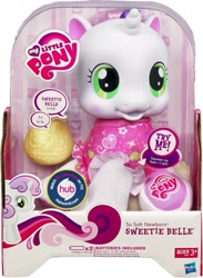 Size: 1099x1500 | Tagged: safe, sweetie belle, baby, baby belle, baby bottle, baby pony, bottle, box, box cover, cute, daaaaaaaaaaaw, diaper, diaper belle, diasweetes, electronic toy, female, filly, foal, g4, g4 logo, hasbro, hasbro logo, high res, hnnng, horn, hub logo, imported from derpibooru, irl, logo, my little pony logo, official, photo, pony, simple background, so soft, so soft newborn sweetie belle, speech bubble, the hub, toy, unicorn, white background, younger