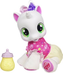 Size: 1300x1500 | Tagged: safe, sweetie belle, baby, baby bottle, baby pony, blushing, bottle, cute, diaper, diaper belle, diasweetes, doll, female, filly, foal, g4, g4 logo, high res, horn, imported from derpibooru, irl, logo, my little pony logo, newborn, official, photo, pony, simple background, so soft, so soft newborn sweetie belle, toy, unicorn, white background