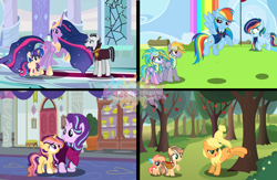 Size: 1280x837 | Tagged: safe, artist:patriciava, applejack, rainbow dash, starlight glimmer, twilight sparkle, oc, oc:applehoney, oc:applesweet, oc:aurora sentry, oc:blue storm, oc:lightstar, alicorn, chancellor neighsay, crackle pop, earth pony, female, filly, foal, g4, horn, imported from derpibooru, indoors, male, mare, offspring, older, older twilight, older twilight sparkle (alicorn), outdoors, parent:applejack, parent:caramel, parent:flash sentry, parent:rainbow dash, parent:soarin', parent:starlight glimmer, parent:sunburst, parent:twilight sparkle, parents:carajack, parents:flashlight, parents:soarindash, parents:starburst, pegasus, pony, princess twilight 2.0, stallion, unicorn