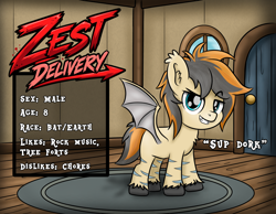 Size: 1393x1080 | Tagged: safe, artist:pizzamovies, oc, oc:zest delivery, bat pony, bat pony oc, blank flank, colt, fangs, foal, grin, imported from derpibooru, indoors, male, oc only, reference sheet, smiling, solo, unshorn fetlocks, young