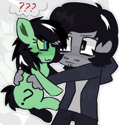 Size: 1951x2048 | Tagged: safe, artist:malloycel, oc, oc:filly anon, :3, clothes, confused, duo, earth pony, female, filly, foal, holding a pony, human, imported from derpibooru, jacket, looking at each other, looking at someone, oc only, pony, question mark