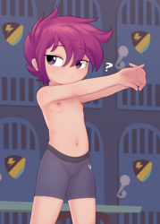 Size: 1774x2471 | Tagged: explicit, artist:shinodage, scootaloo, banned from derpibooru, cameltoe, clothes, female, human, human coloration, humanized, imported from twibooru, locker room, lolicon, partial nudity, question mark, solo, solo female, spats, stretching, topless, underage