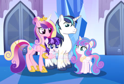 Size: 1280x867 | Tagged: safe, artist:patriciava, princess flurry heart, shining armor, oc, oc:crystal lily, alicorn, baby, baby pony, concave belly, female, filly, filly flurry heart, foal, folded wings, g4, hoof shoes, horn, imported from derpibooru, indoors, male, mare, offspring, parent:princess cadance, parent:shining armor, parents:shiningcadance, pegasus, peytral, pony, princess cadance, princess shoes, ship:shiningcadance, shipping, slender, stallion, straight, thin, unicorn, wings