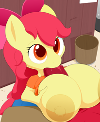 Size: 1444x1750 | Tagged: explicit, artist:slickehedge, apple bloom, alternate version, anthro, applecest, belly button, big breasts, big dickentosh, big mcintosh, blowjob, boobjob, bow, breasts, busty apple bloom, clothes, female, hair bow, huge breasts, imported from twibooru, impossibly large breasts, incest, lolicon, nudity, oppai loli, oral, pants, penis, sex, shirt, sitting, underage