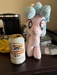 Size: 4284x5712 | Tagged: safe, cozy glow, female, filly, foal, g4, imported from derpibooru, indoors, irl, kirin beer, kirin ichiban, mare fair, pegasus, photo, plushie, pony, solo
