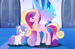 Size: 1280x838 | Tagged: safe, artist:patriciava, princess flurry heart, alicorn, female, filly, filly flurry heart, foal, folded wings, g4, imported from derpibooru, indoors, mare, mother and child, mother and daughter, pony, princess cadance, spread wings, wings