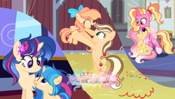 Size: 3111x1767 | Tagged: safe, artist:patriciava, oc, oc:applehoney, oc:applesweet, oc:aurora sentry, oc:lightburn, oc:star sentry, earth pony, female, filly, foal, g4, horn, imported from derpibooru, luster dawn, mare, offspring, parent:applejack, parent:caramel, parent:flash sentry, parent:starlight glimmer, parent:sunburst, parent:twilight sparkle, parents:carajack, parents:flashlight, parents:starburst, pony, siblings, sisters, unicorn