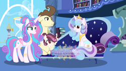Size: 3066x1742 | Tagged: safe, artist:patriciava, princess flurry heart, oc, oc:starshine, oc:sugar love, alicorn, baby, baby pony, book, bookshelf, couch, female, filly, foal, g4, hourglass, imported from derpibooru, indoors, male, mare, offspring, older, older flurry heart, older pound cake, parent:pound cake, parent:princess flurry heart, parents:poundflurry, pegasus, pony, pound cake, ship:poundflurry, shipping, stallion, straight, twilight's canterlot home, window