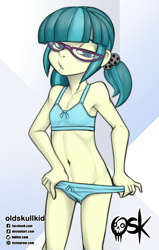 Size: 954x1500 | Tagged: suggestive, artist:oldskullkid, banned from derpibooru, child, clothes, equestria girls, female, imported from twibooru, juniper montage, lolicon, solo, solo female, underage, underwear, undressing, young, younger
